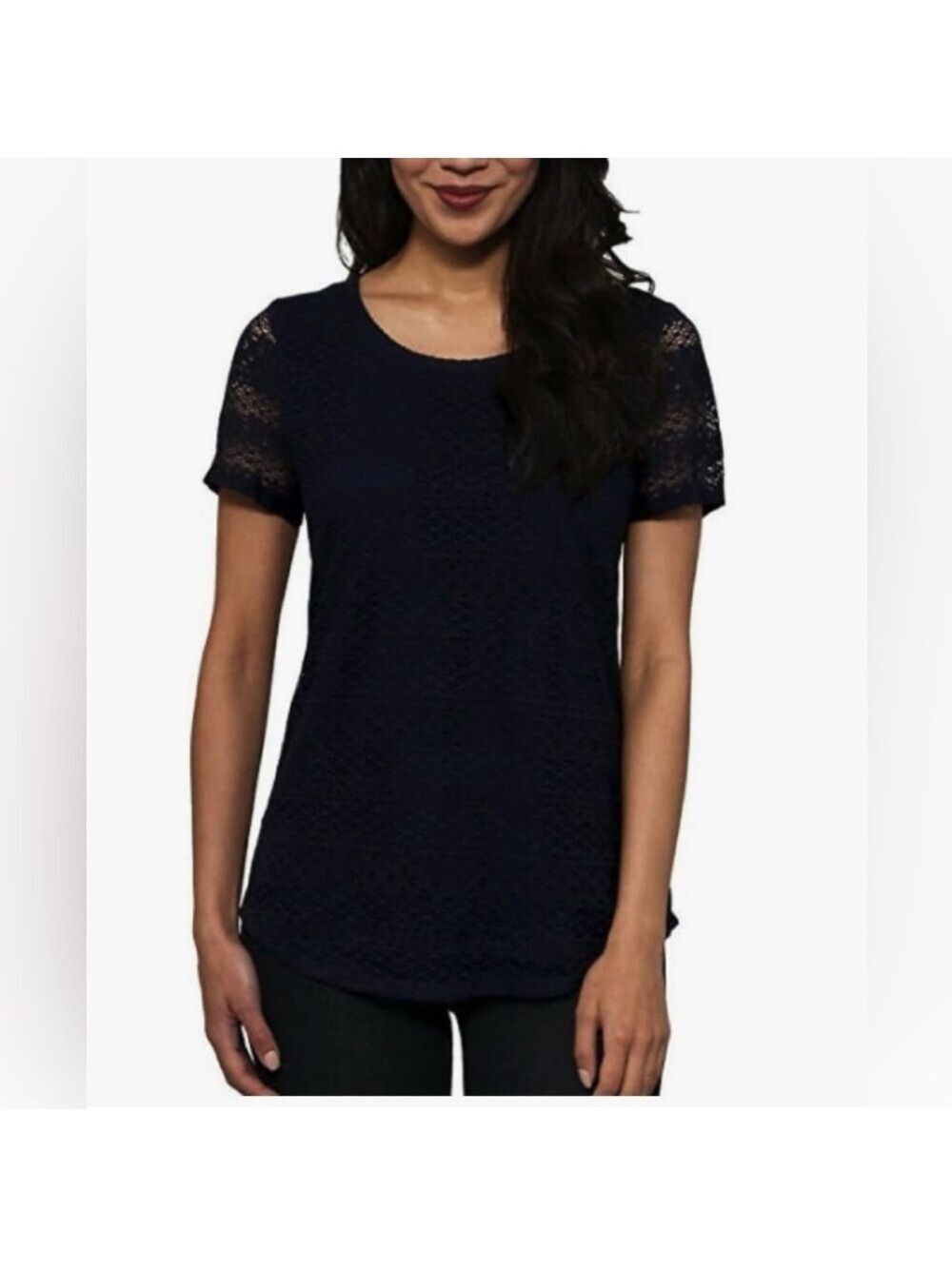 Leo and Nicole Lace Scoop Neck Short Sleeve Black Shirt